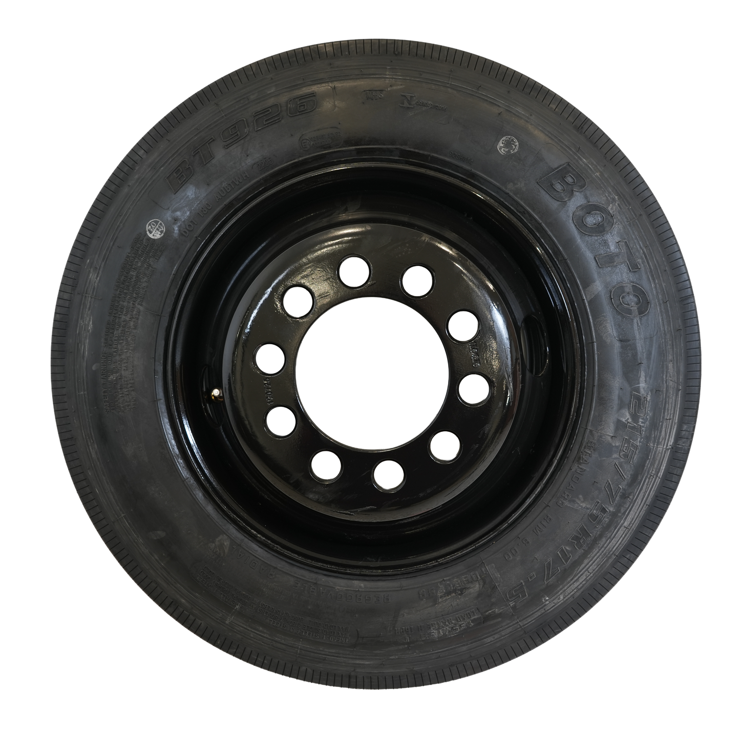 215/75R17.5 Radial Tire, 16 Ply, On 17.5" X 6.75", 10 on 8.75, DUAL-6,200#, Black Mod Wheel, WINDA