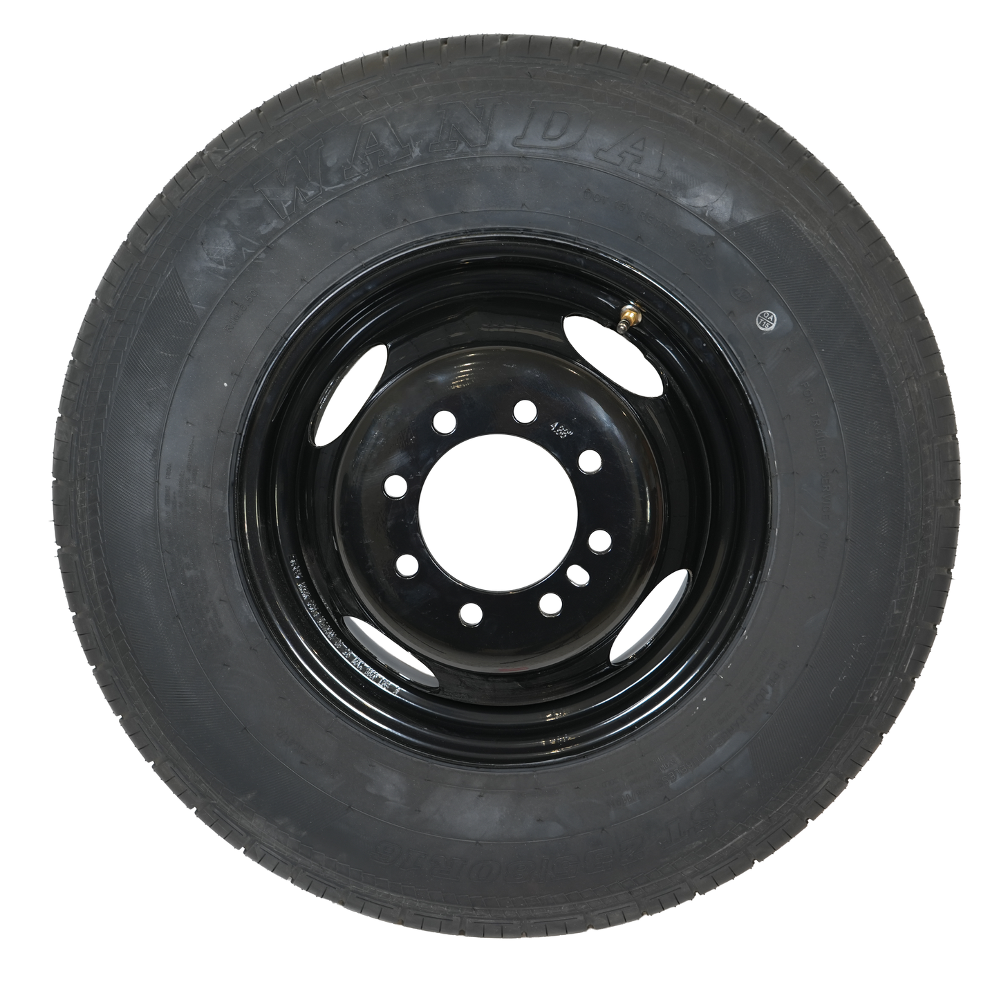 ST235/80R16, Radial Tire, 10 Ply, On 16" X 6", 8 On 6.5 Black Mod Dual Wheel, Pilot Hole: 4.88", WANDA