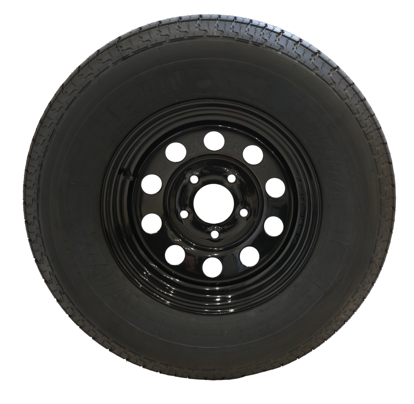 ST225/75R15 Radial Tire, 10 Ply, On 15" X 5", 5 On 5 Black Mod Wheel, WINDA