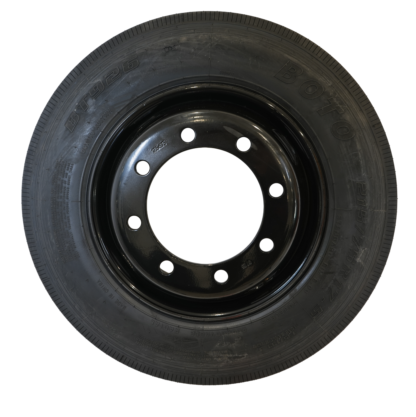 215/75R17.5 Radial Tire, 16 Ply, On 17.5" X 6.75", 8 On 275mm, Black Mod, Dual Wheel, BOTO