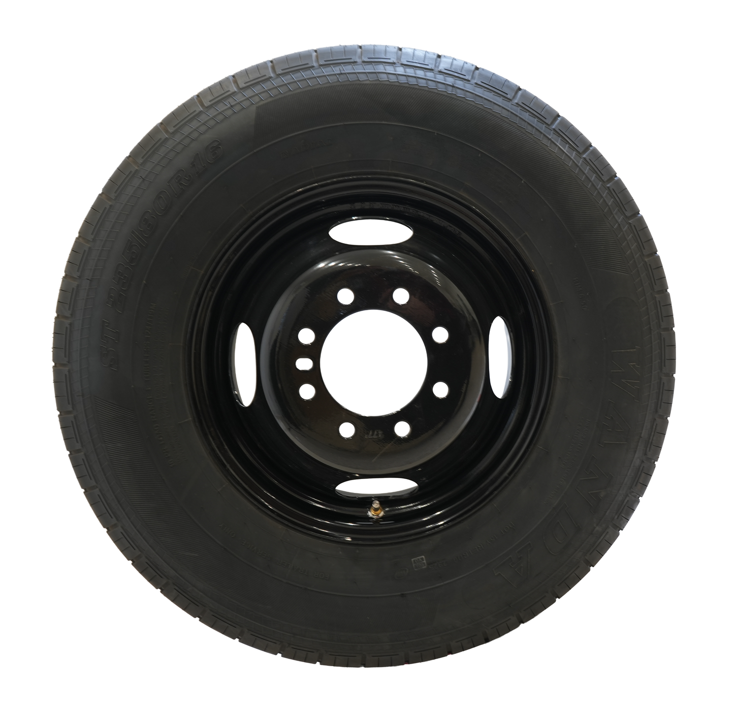 ST235/80R16, Radial Tire, 10 Ply, On 16" X 6", 8 On 6.5 Black Mod Dual Wheel, Pilot Hole: 4.77", WANDA