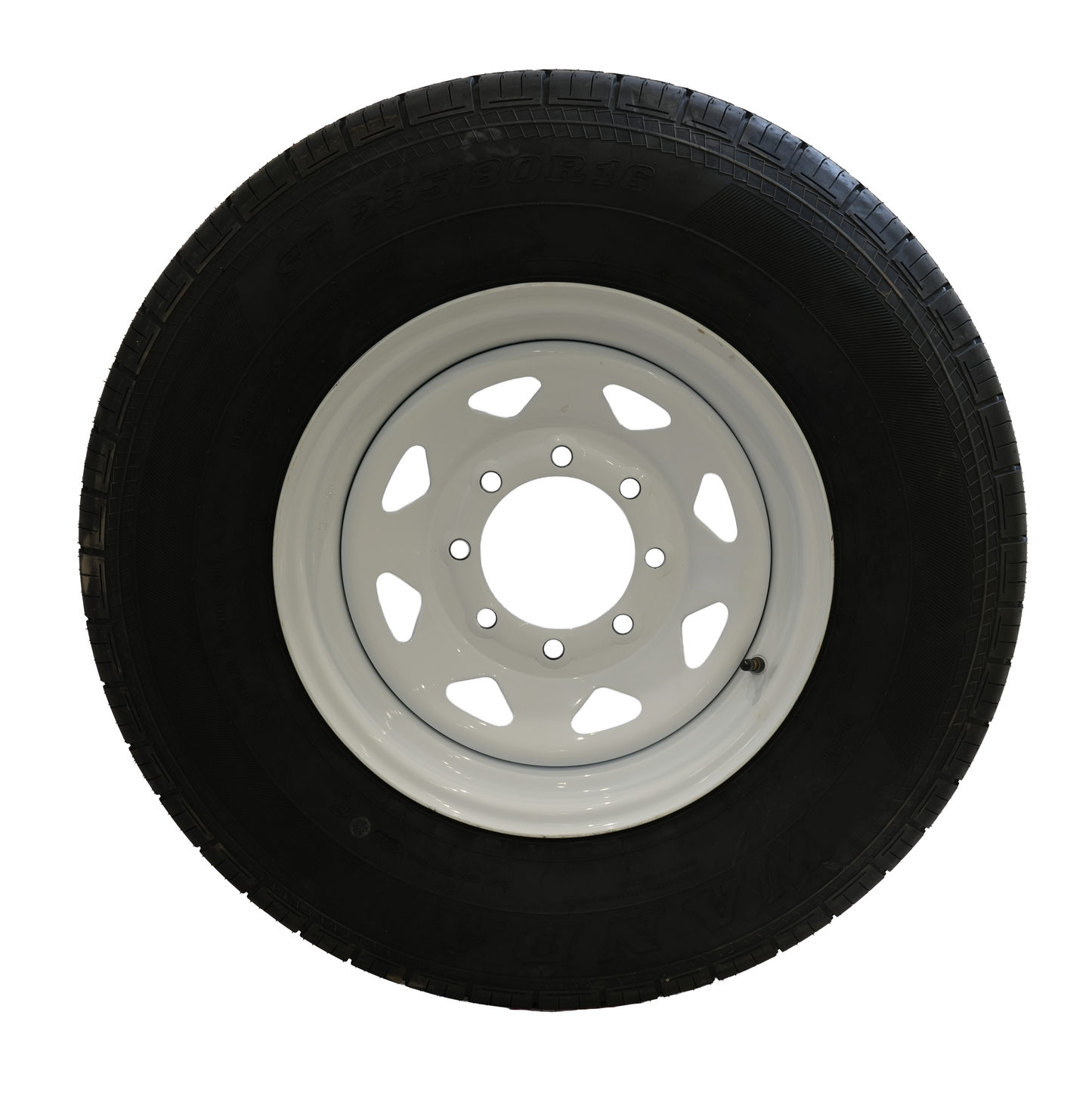 ST235/80R16 Radial Tire, 10 Ply, On 16" X 6", 8 On 6.5 White Spoke Wheel, WANDA
